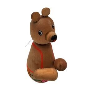 Vintage Russian Folk Art Wood Brown Bear Figurine Hand Painted Flowers 4.5”